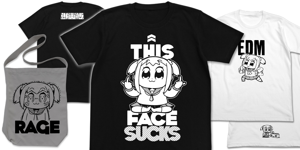 [予約開始]『ポプテピピック』YEAHHH！！ポプテピピックEDM Tシャツ、ポプテピピックSUCKS Tシャツ、憤怒するポプ子がプリントされたトートが登場！