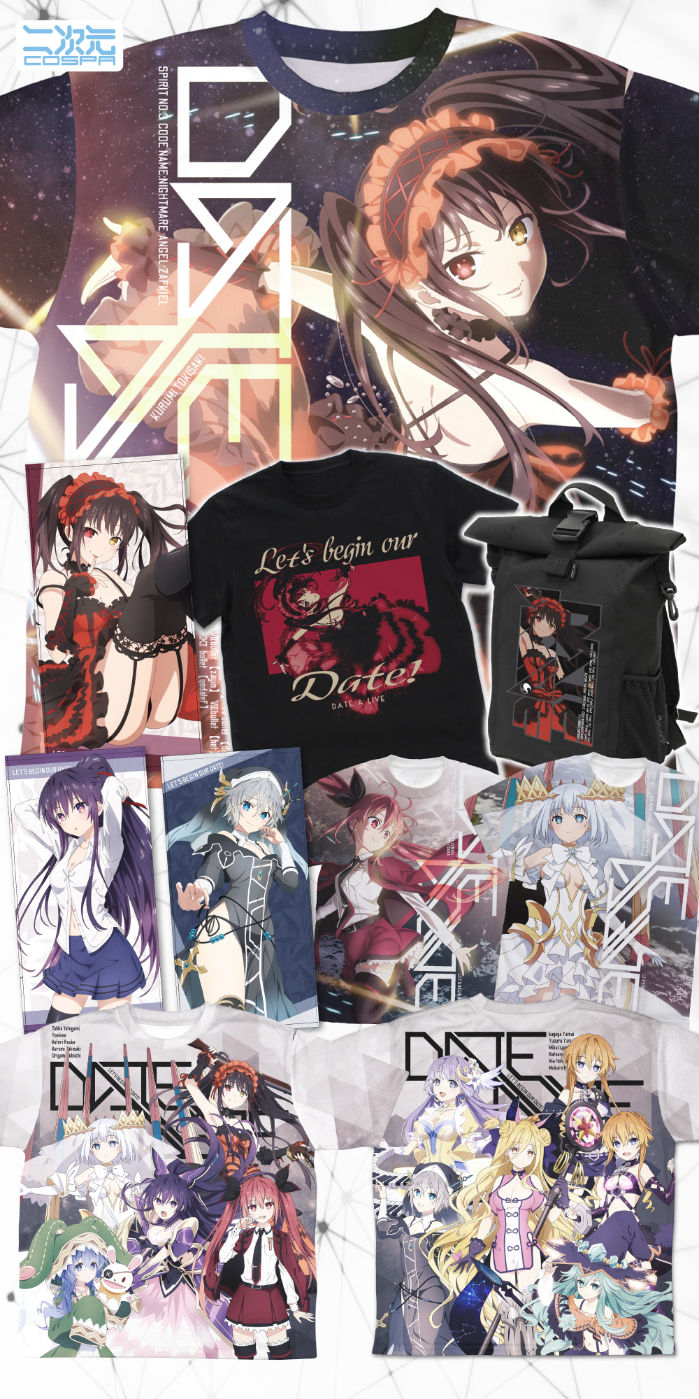 [予約開始]『デート・ア・ライブIV』「ヒロイン集合」「狂三」「折紙」「琴里」のTシャツ、「狂三」のフルカラーロールトップバックパック、「狂三」「二亜」「十香」の120cmビッグタオルが登場！[二次元コスパ]