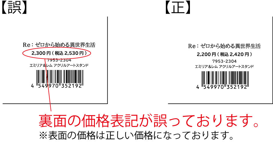 「Re:ゼロから始める異世界生活　エミリア＆レム アクリルアートスタンド」価格誤表記に関するお詫び