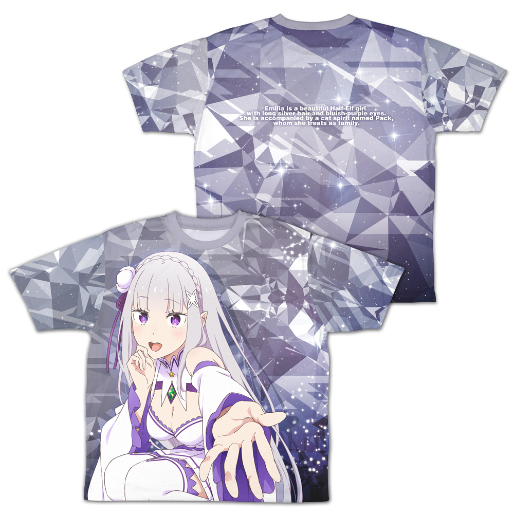 銀髪のハーフエルフ エミリア 両面フルグラフィックTシャツ